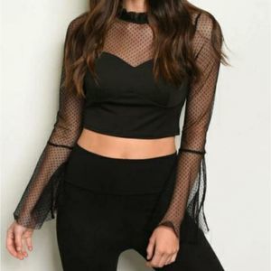 Women's Black Bell Sleeve Mesh Detail Top